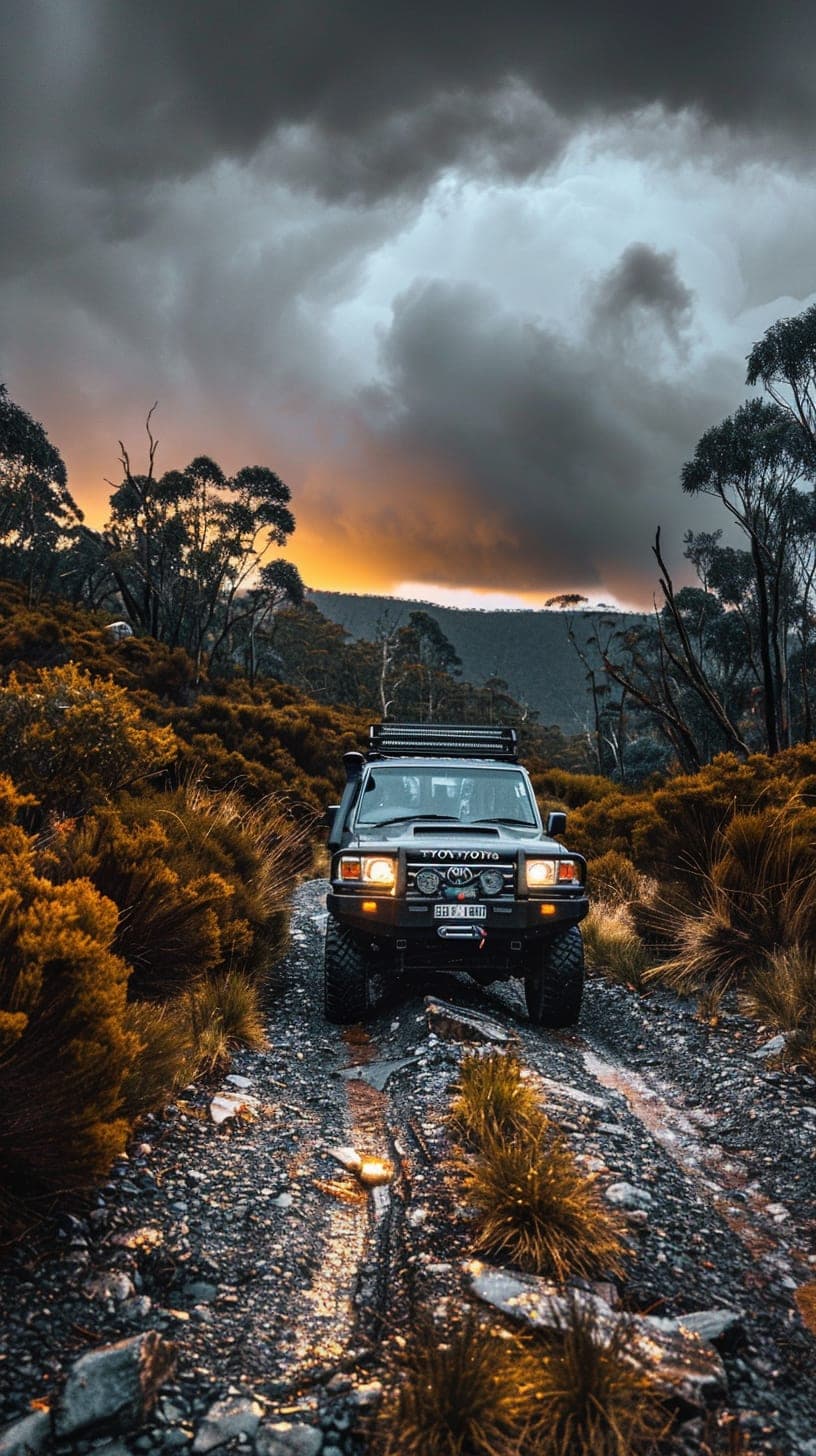 An 80 Series LandCruiser on a rocky highland track at dusk